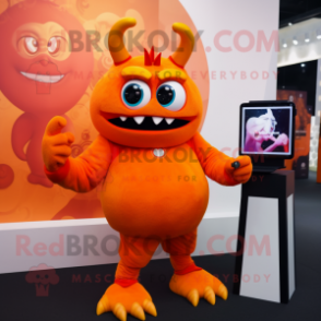 Orange Demon mascot costume character dressed with a Wrap Skirt and Smartwatches