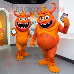 Orange Demon maskot kostym...