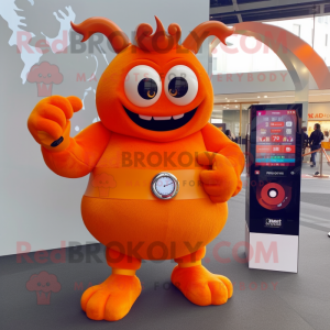 Orange Demon mascot costume character dressed with a Wrap Skirt and Smartwatches