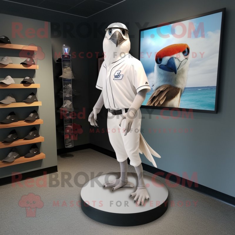 White Falcon mascot costume character dressed with a Baseball Tee and Shoe clips White Falcon mascot costume character dressed with a Baseball Tee and Shoe clips