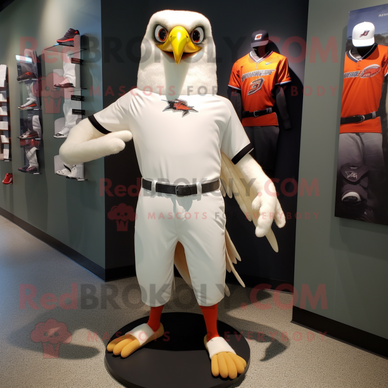 White Falcon mascot costume character dressed with a Baseball Tee and Shoe clips White Falcon mascot costume character dressed with a Baseball Tee and Shoe clips