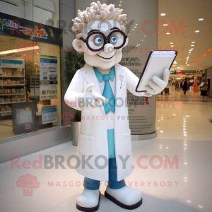 White Doctor mascot costume character dressed with a Dress and Reading glasses