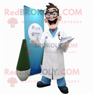 White Doctor mascot costume character dressed with a Dress and Reading glasses