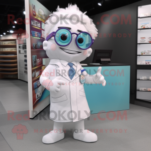 White Doctor mascot costume character dressed with a Dress and Reading glasses