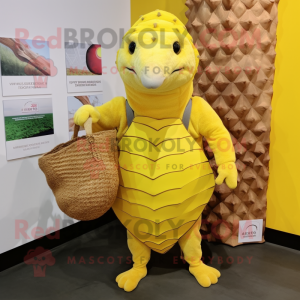 Lemon Yellow Pangolin mascot costume character dressed with a Board Shorts and Tote bags