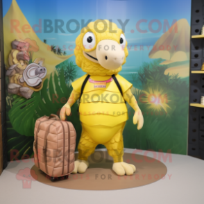 Lemon Yellow Pangolin mascot costume character dressed with a Board Shorts and Tote bags