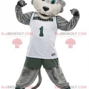 Grijze en witte kat mascotte in sportkleding - Redbrokoly.com