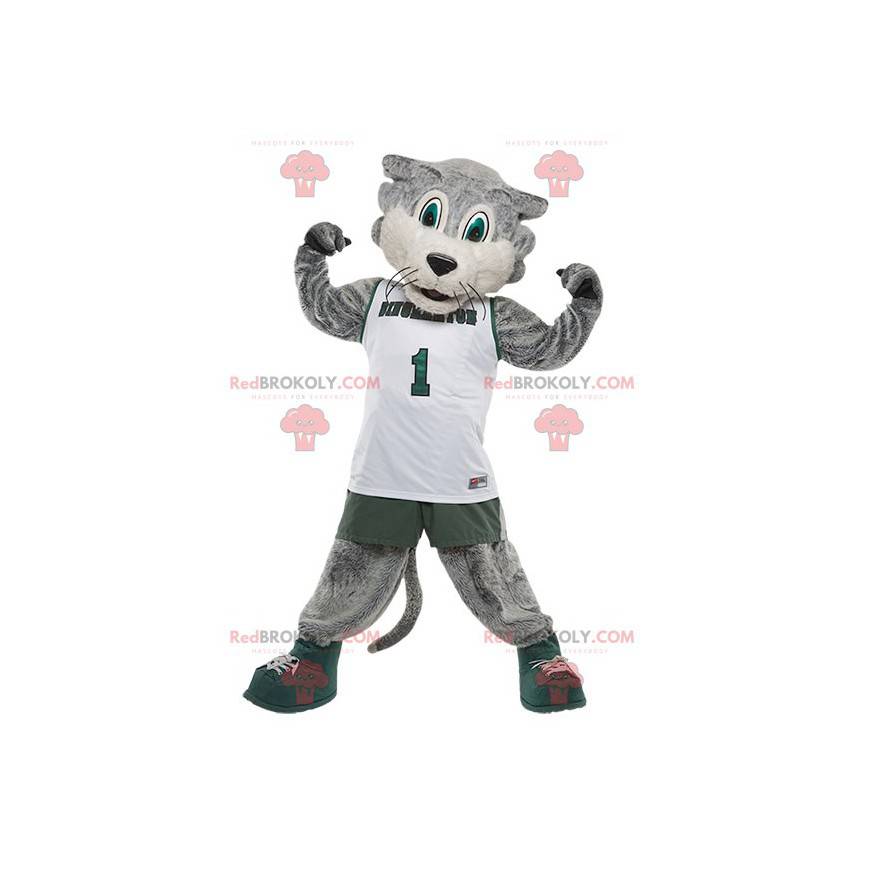 Gray and white cat mascot in sportswear - Redbrokoly.com