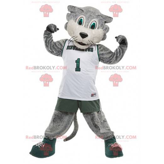 Mascote gato cinza e branco em roupas esportivas -