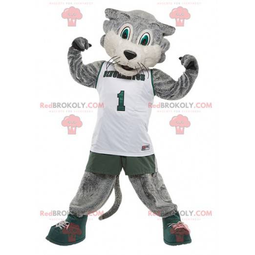 Mascotte de chat gris et blanc en tenue de sport -