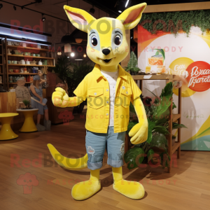 Lemon Yellow Kangaroo mascot costume character dressed with a Flare Jeans and Lapel pins