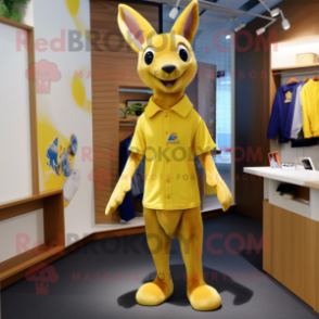 Lemon Yellow Kangaroo mascot costume character dressed with a Flare Jeans and Lapel pins