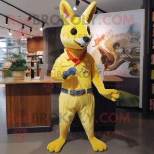 Lemon Yellow Kangaroo mascot costume character dressed with a Flare Jeans and Lapel pins