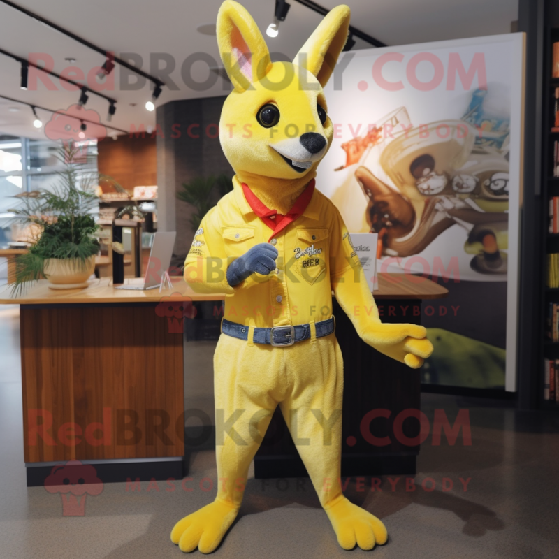 Lemon Yellow Kangaroo mascot costume character dressed with a Flare Jeans and Lapel pins Lemon Yellow Kangaroo mascot costume character dressed with a Flare Jeans and Lapel pins