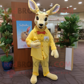 Lemon Yellow Kangaroo mascot costume character dressed with a Flare Jeans and Lapel pins