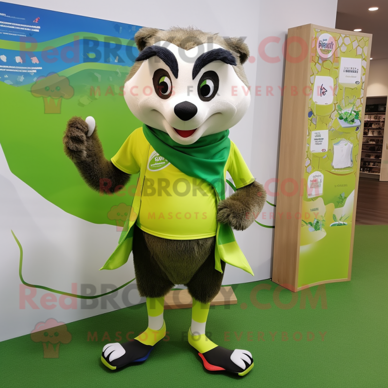 Lime Green Badger mascot costume character dressed with a Running Shorts and Scarf clips Lime Green Badger mascot costume character dressed with a Running Shorts and Scarf clips