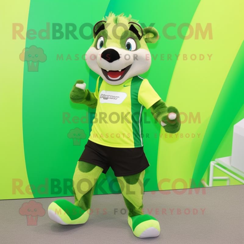 Lime Green Badger mascot costume character dressed with a Running Shorts and Scarf clips Lime Green Badger mascot costume character dressed with a Running Shorts and Scarf clips