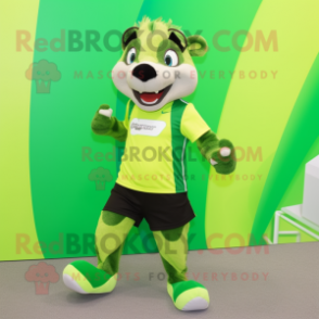 Lime Green Badger mascot costume character dressed with a Running Shorts and Scarf clips