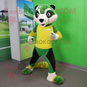 Lime Green Badger mascot costume character dressed with a Running Shorts and Scarf clips