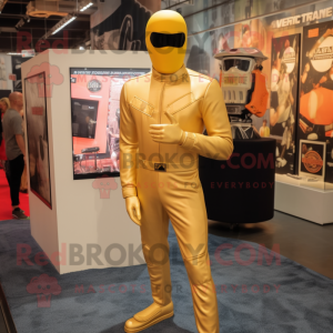 Gold Gi Joe mascot costume character dressed with a One-Piece Swimsuit and Lapel pins