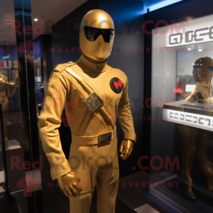 Gold Gi Joe mascot costume character dressed with a One-Piece Swimsuit and Lapel pins