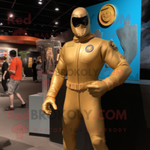 Gold Gi Joe mascot costume character dressed with a One-Piece Swimsuit and Lapel pins