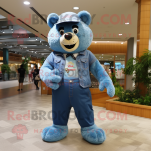 Blue Bear mascot costume character dressed with a Denim Shorts and Belts