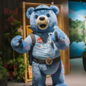 Blue Bear mascot costume character dressed with a Denim Shorts and Belts