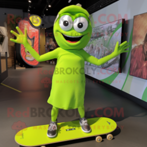 Lime Green Skateboard mascot costume character dressed with a Shift Dress and Necklaces