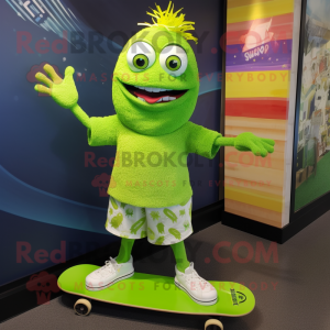 Lime Green Skateboard mascot costume character dressed with a Shift Dress and Necklaces