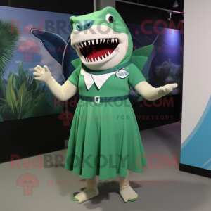 Green Megalodon mascot costume character dressed with a A-Line Skirt and Lapel pins