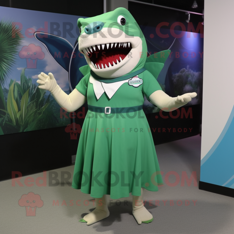 Green Megalodon mascot costume character dressed with a A-Line Skirt and Lapel pins Green Megalodon mascot costume character dressed with a A-Line Skirt and Lapel pins
