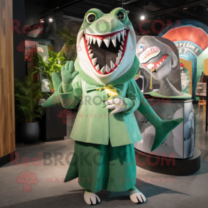 Green Megalodon mascot costume character dressed with a A-Line Skirt and Lapel pins