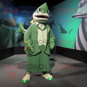 Green Megalodon mascot costume character dressed with a A-Line Skirt and Lapel pins