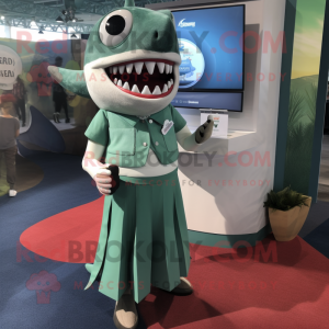 Green Megalodon mascot costume character dressed with a A-Line Skirt and Lapel pins