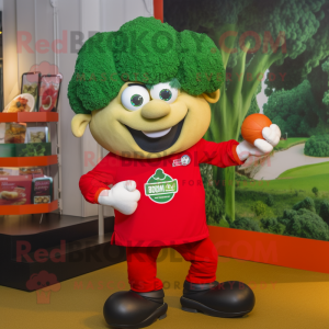 Red Broccoli mascot costume character dressed with a Rugby Shirt and Beanies
