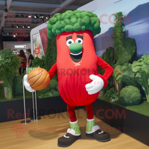 Red Broccoli mascot costume character dressed with a Rugby Shirt and Beanies