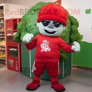 Red Broccoli mascot costume character dressed with a Rugby Shirt and Beanies