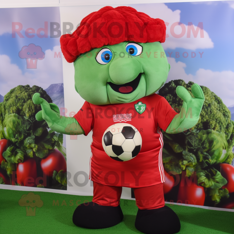 Red Broccoli mascot costume character dressed with a Rugby Shirt and Beanies