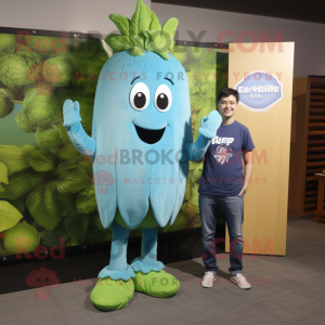 Cyan Celery mascot costume character dressed with a Denim Shirt and Watches