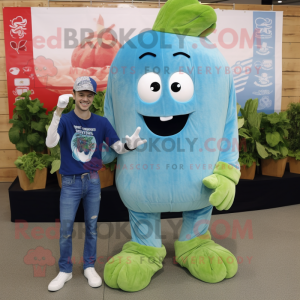 Cyan Celery mascot costume character dressed with a Denim Shirt and Watches