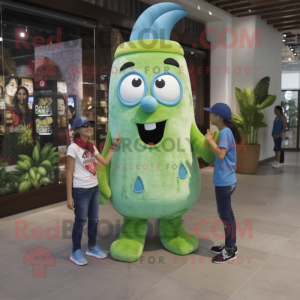 Cyan Celery mascot costume character dressed with a Denim Shirt and Watches