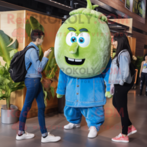 Cyan Celery mascot costume character dressed with a Denim Shirt and Watches