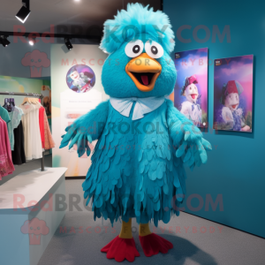 Turquoise Chicken mascot costume character dressed with a A-Line Dress and Hair clips