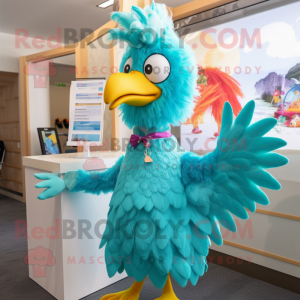 Turquoise Chicken mascot costume character dressed with a A-Line Dress and Hair clips