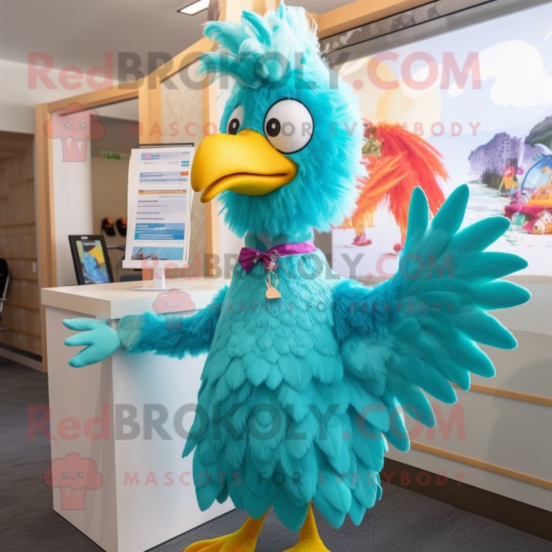 Turquoise Chicken mascot costume character dressed with a A-Line Dress and Hair clips Turquoise Chicken mascot costume character dressed with a A-Line Dress and Hair clips