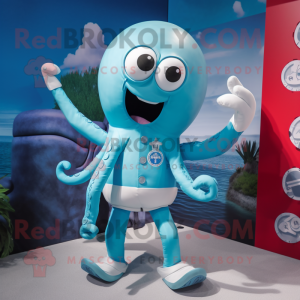 Sky Blue Kraken mascot costume character dressed with a Rash Guard and Cufflinks