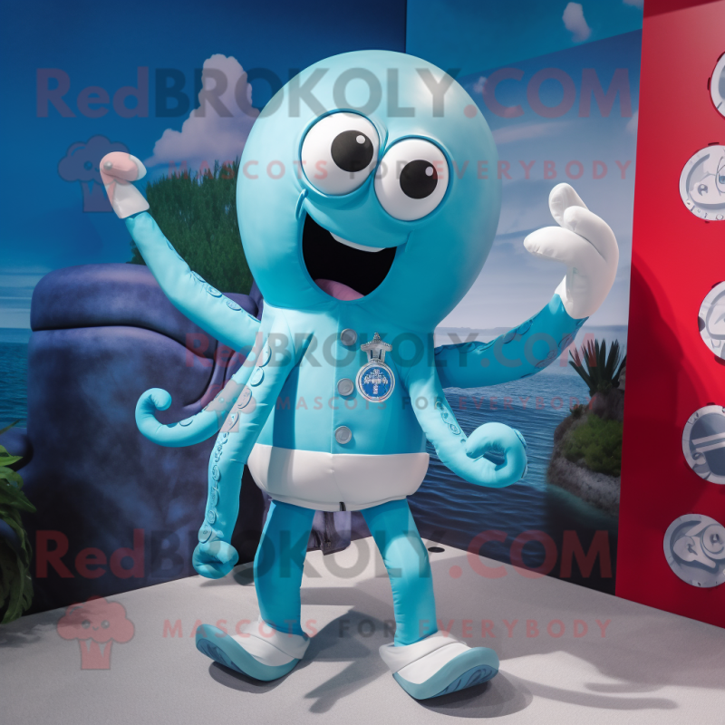 Sky Blue Kraken mascot costume character dressed with a Rash Guard and Cufflinks Sky Blue Kraken mascot costume character dressed with a Rash Guard and Cufflinks