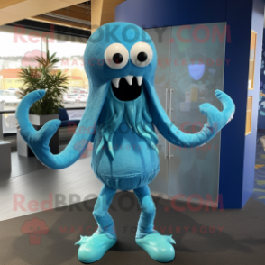 Sky Blue Kraken mascot costume character dressed with a Rash Guard and Cufflinks