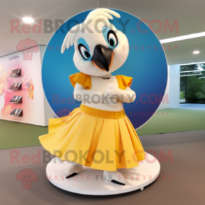 Cream Macaw mascot costume character dressed with a Circle Skirt and Earrings